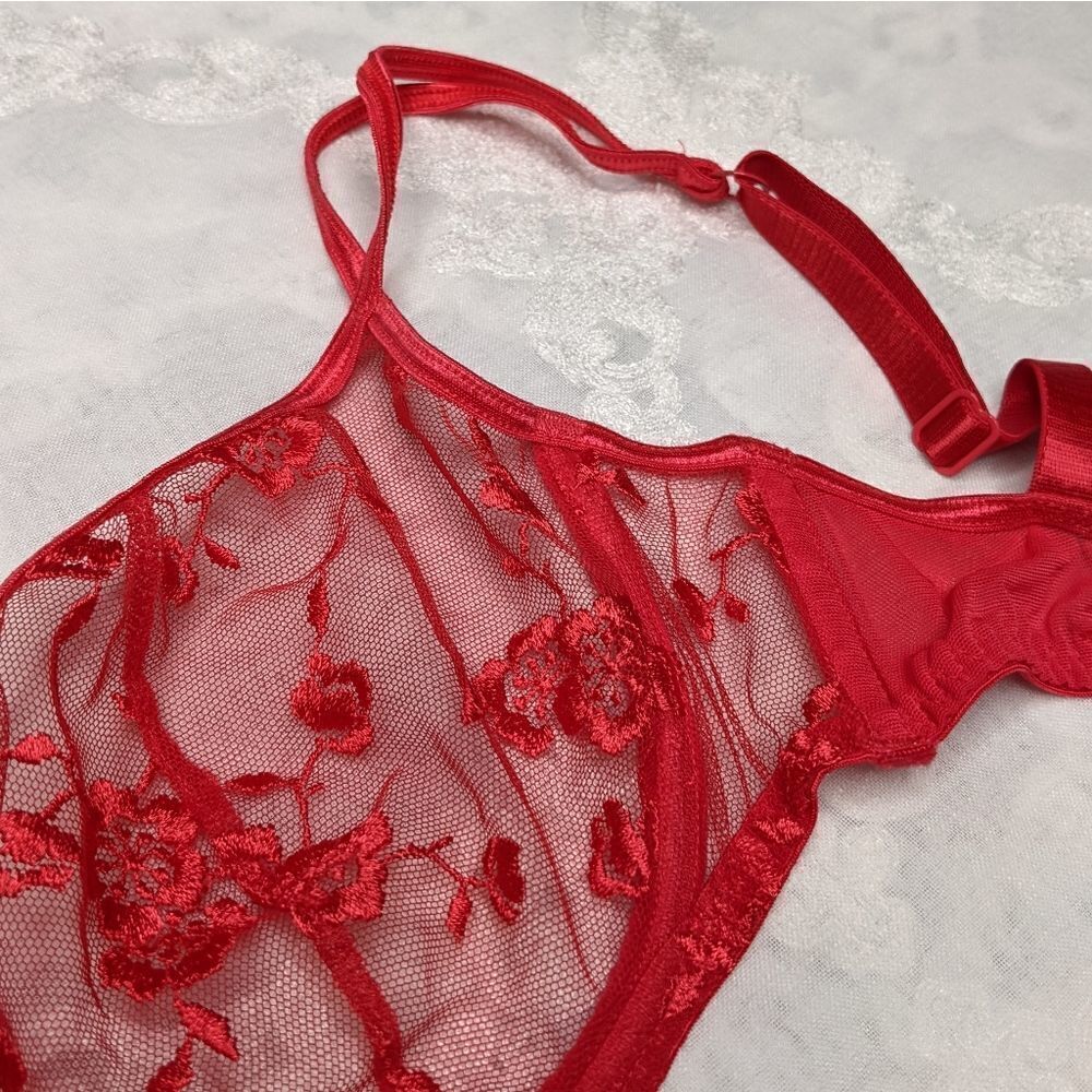 Victoria's Secret Red Lace Bra Mesh Sheer Floral Embroidered 34D Y2K Vintage - Picture 3 of 7